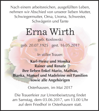 Traueranzeige von Erna Wirth von WVG - Wochenspiegel SGH
