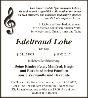 Traueranzeige von Edeltraud Lohe von WVG - Wochenspiegel Dessau / Köthen