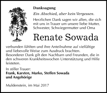 Traueranzeige von Renate Sowada von Mitteldeutsche Zeitung Bitterfeld