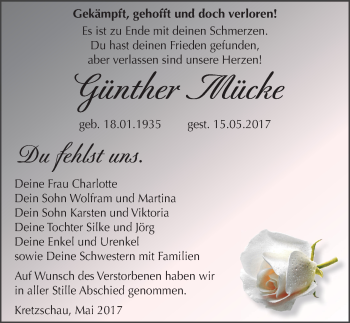 Traueranzeige von Günther Mücke von Mitteldeutsche Zeitung Zeitz