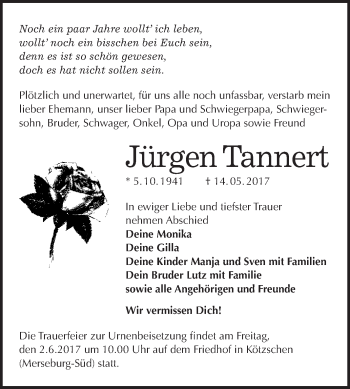 Traueranzeige von Jürgen Tannert von WVG - Wochenspiegel Merseburg