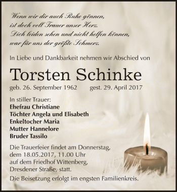 Traueranzeige von Torsten Schinke von Mitteldeutsche Zeitung Wittenberg