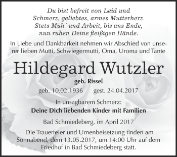 Traueranzeige von Hildegard Wutzler von WVG - Wochenspiegel Wittenberg