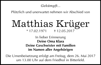 Traueranzeige von Matthias Krüger von Mitteldeutsche Zeitung Bitterfeld