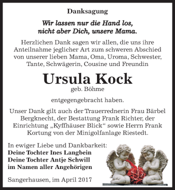 Traueranzeige von Ursula Kock von Mitteldeutsche Zeitung Sangerhausen