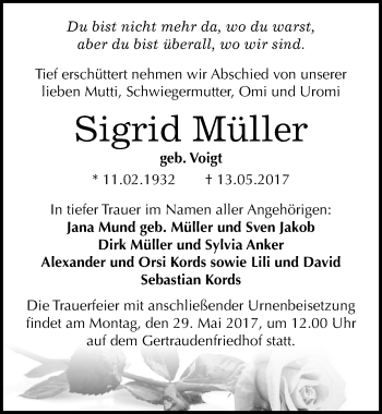 Traueranzeige von Sigrid Müller von Mitteldeutsche Zeitung Halle/Saalkreis