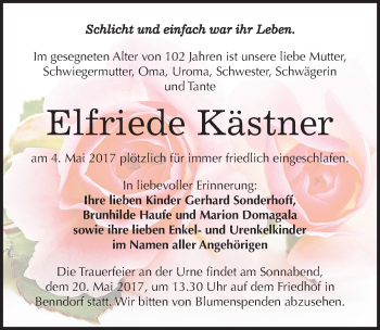 Traueranzeige von Elfriede Kästner von Mitteldeutsche Zeitung Mansfelder Land