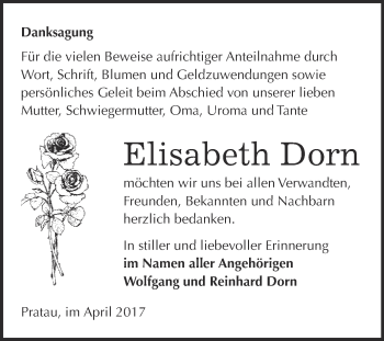 Traueranzeige von Elisabeth Dorn von WVG - Wochenspiegel Wittenberg