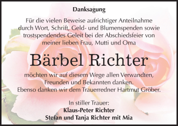Traueranzeige von Bärbel Richter von Mitteldeutsche Zeitung Halle/Saalkreis