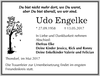 Traueranzeige von Udo Engelke von Mitteldeutsche Zeitung Mansfelder Land