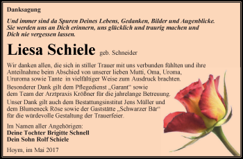 Traueranzeige von Liesa Schiele von Super Sonntag Aschersleben