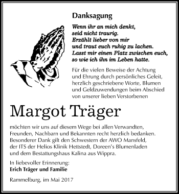 Traueranzeige von Margot Träger von Mitteldeutsche Zeitung Mansfelder Land