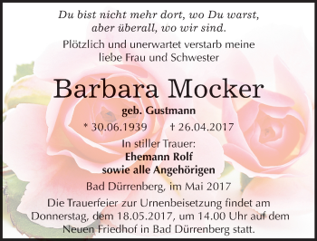 Traueranzeige von Barbara Mocker von Mitteldeutsche Zeitung Merseburg/Querfurt