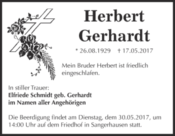 Traueranzeige von Herbert Gerhardt von Super Sonntag SGH Mansf. Land
