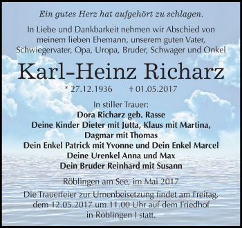Traueranzeige von Karl-Heinz Richarz von Super Sonntag SGH Mansf. Land
