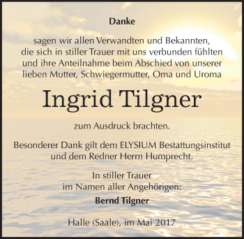 Traueranzeige von Ingrid Tilgner von Mitteldeutsche Zeitung Halle/Saalkreis