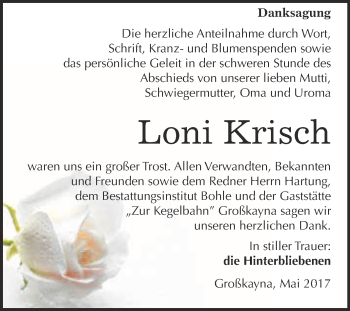 Traueranzeige von Loni Krisch von Super Sonntag Merseburg
