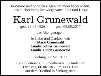 Traueranzeige von Karl Grunewald von Mitteldeutsche Zeitung Mansfelder Land