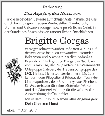 Traueranzeige von Brigitte Gorgas von Wochenspiegel Mansfelder Land