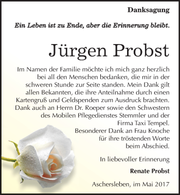 Traueranzeige von Jürgen Probst von Mitteldeutsche Zeitung Aschersleben
