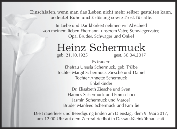 Traueranzeige von Heinz Schermuck von WVG - Wochenspiegel Dessau / Köthen