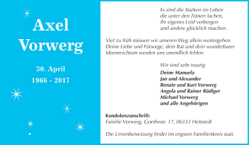 Traueranzeige von Axel Vorwerg von Wochenspiegel Mansfelder Land