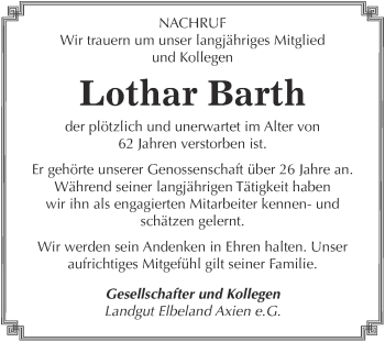 Traueranzeige von Lothar Barth von WVG - Wochenspiegel Wittenberg