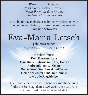 Traueranzeige von Eva Maria Letsch von Mitteldeutsche Zeitung Bitterfeld