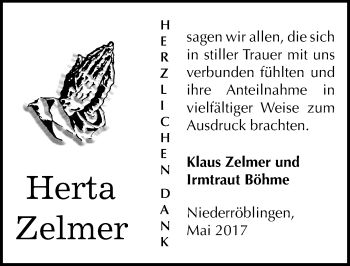 Traueranzeige von Herta Zelmer von Mitteldeutsche Zeitung Sangerhausen