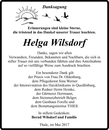 Traueranzeige von Helga Wilsdorf von Mitteldeutsche Zeitung Quedlinburg