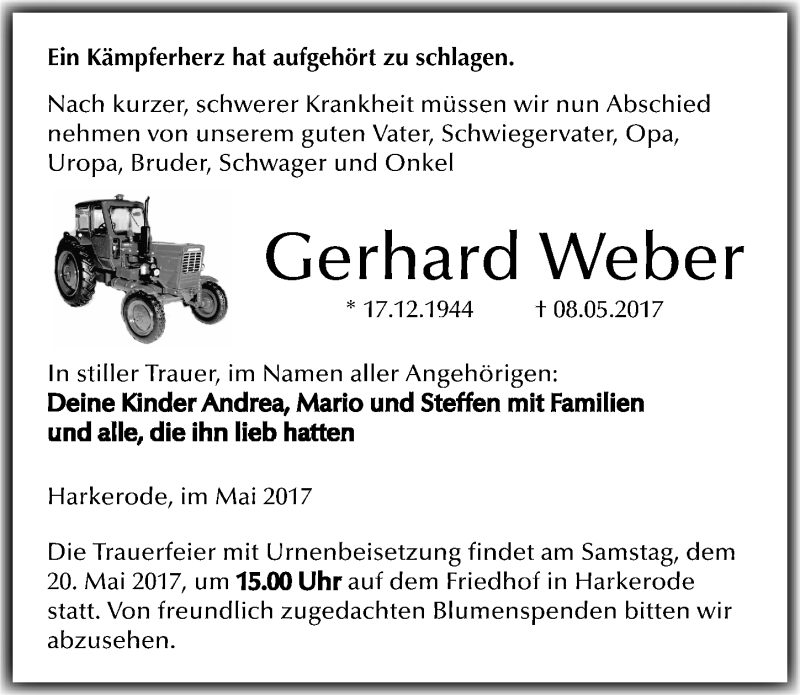  Traueranzeige für Gerhard Weber vom 12.05.2017 aus Mitteldeutsche Zeitung Mansfelder Land