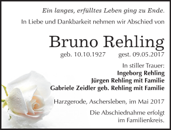 Traueranzeige von Bruno Rehling von Mitteldeutsche Zeitung Aschersleben