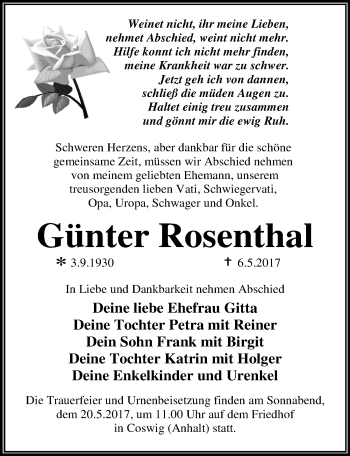 Traueranzeige von Günter Rosenthal von Mitteldeutsche Zeitung Wittenberg