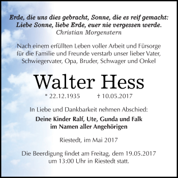 Traueranzeige von Walter Hess von Super Sonntag SGH Mansf. Land