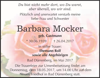 Traueranzeige von Barbara Mocker von Super Sonntag Merseburg