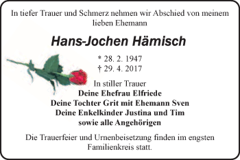 Traueranzeige von Hans-Jochen Hämisch von WVG - Wochenspiegel Bitterfeld