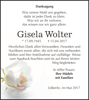 Traueranzeige von Gisela Wolter von WVG - Wochenspiegel Bitterfeld