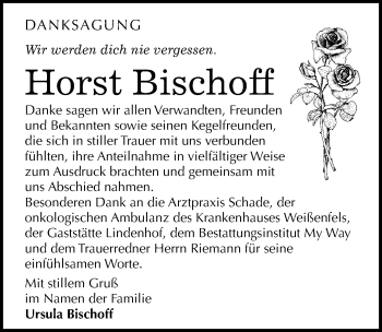 Traueranzeige von Horst Bischoff von Mitteldeutsche Zeitung Weißenfels
