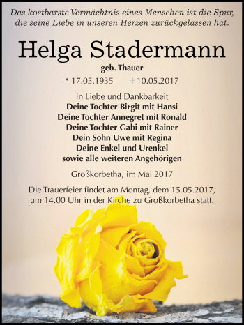 Traueranzeige von Helga Stadermann von WVG - Wochenspiegel NMB / WSF / ZTZ