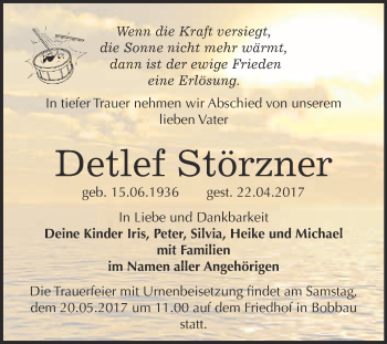 Traueranzeige von Detlef Störzner von WVG - Wochenspiegel Bitterfeld