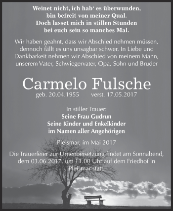 Traueranzeige von Carmelo Fulsche von WVG - Wochenspiegel NMB / WSF / ZTZ