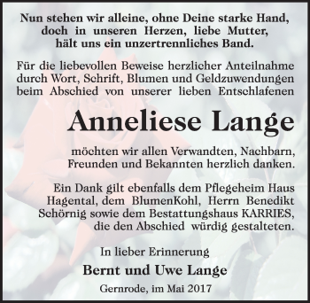 Traueranzeige von Anneliese Lange von Mitteldeutsche Zeitung Quedlinburg