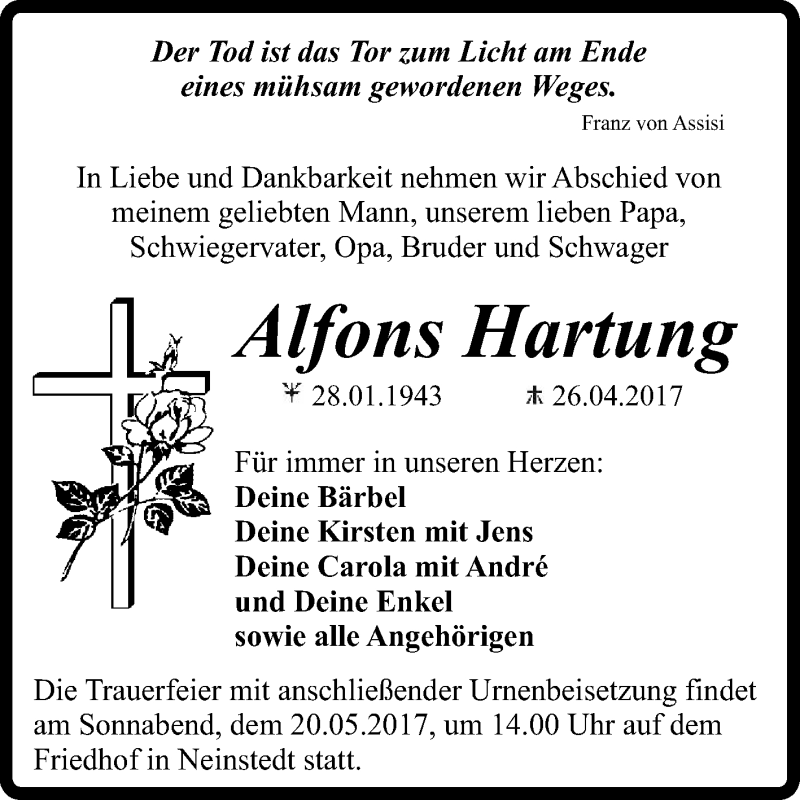  Traueranzeige für Alfons Hartung vom 06.05.2017 aus Super Sonntag Quedlinburg