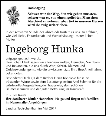 Traueranzeige von Ingeborg Hunka von Mitteldeutsche Zeitung Naumburg/Nebra