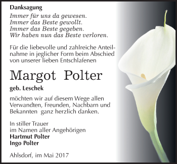 Traueranzeige von Margot Polter von Mitteldeutsche Zeitung Mansfelder Land