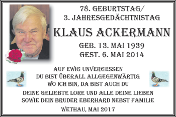 Traueranzeige von Klaus Ackermann von WVG - Wochenspiegel NMB / WSF / ZTZ