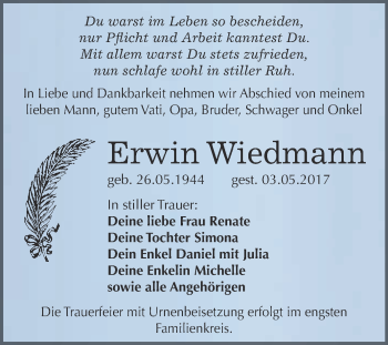 Traueranzeige von Erwin Wiedmann von WVG - Wochenspiegel Bitterfeld