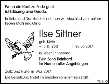 Traueranzeige von Ilse Sittner von Super Sonntag Zeitz