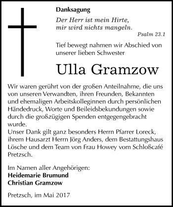 Traueranzeige von Ulla Gramzow von Mitteldeutsche Zeitung Wittenberg