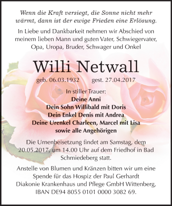 Traueranzeige von Willi Netwall von Mitteldeutsche Zeitung Wittenberg